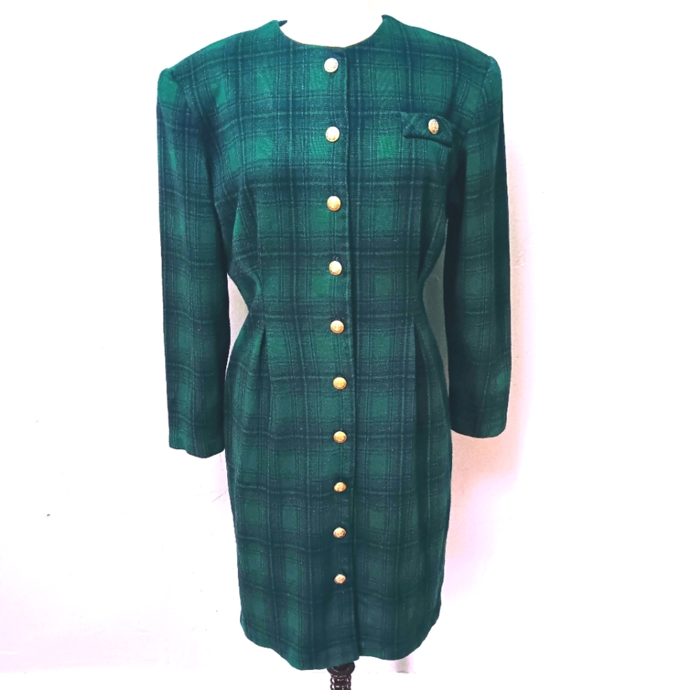 Vintage Miss Dorby tartan knit, button front, structured midi dress. Size 10.